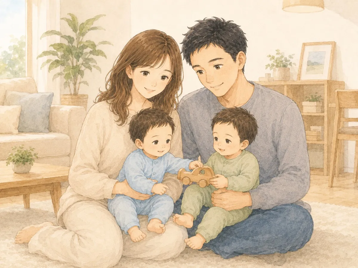 家族で穏やかに過ごす水彩イラスト