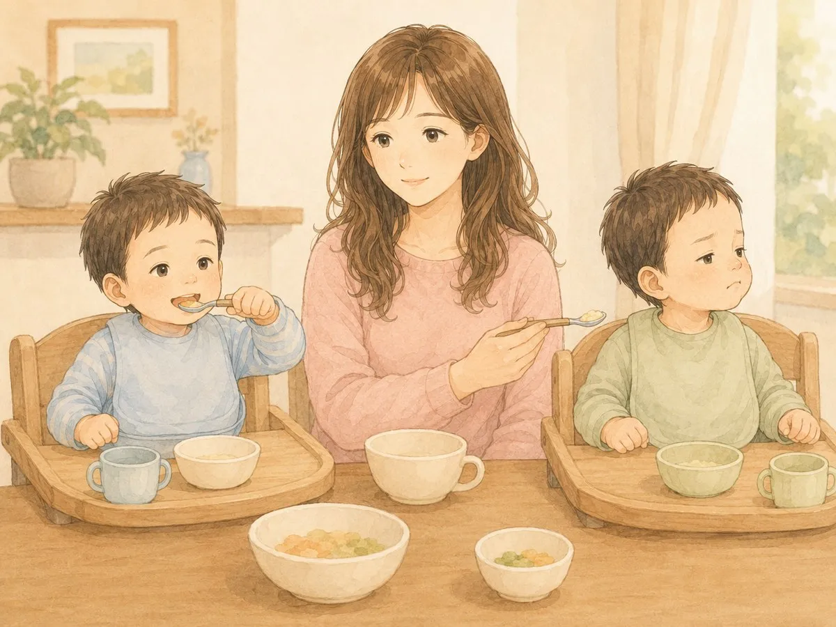 同じ食卓で、兄は嬉しそうに完食・弟は顔を背けて食べない、双子の食べ方の違いを見守るママの水彩イラスト