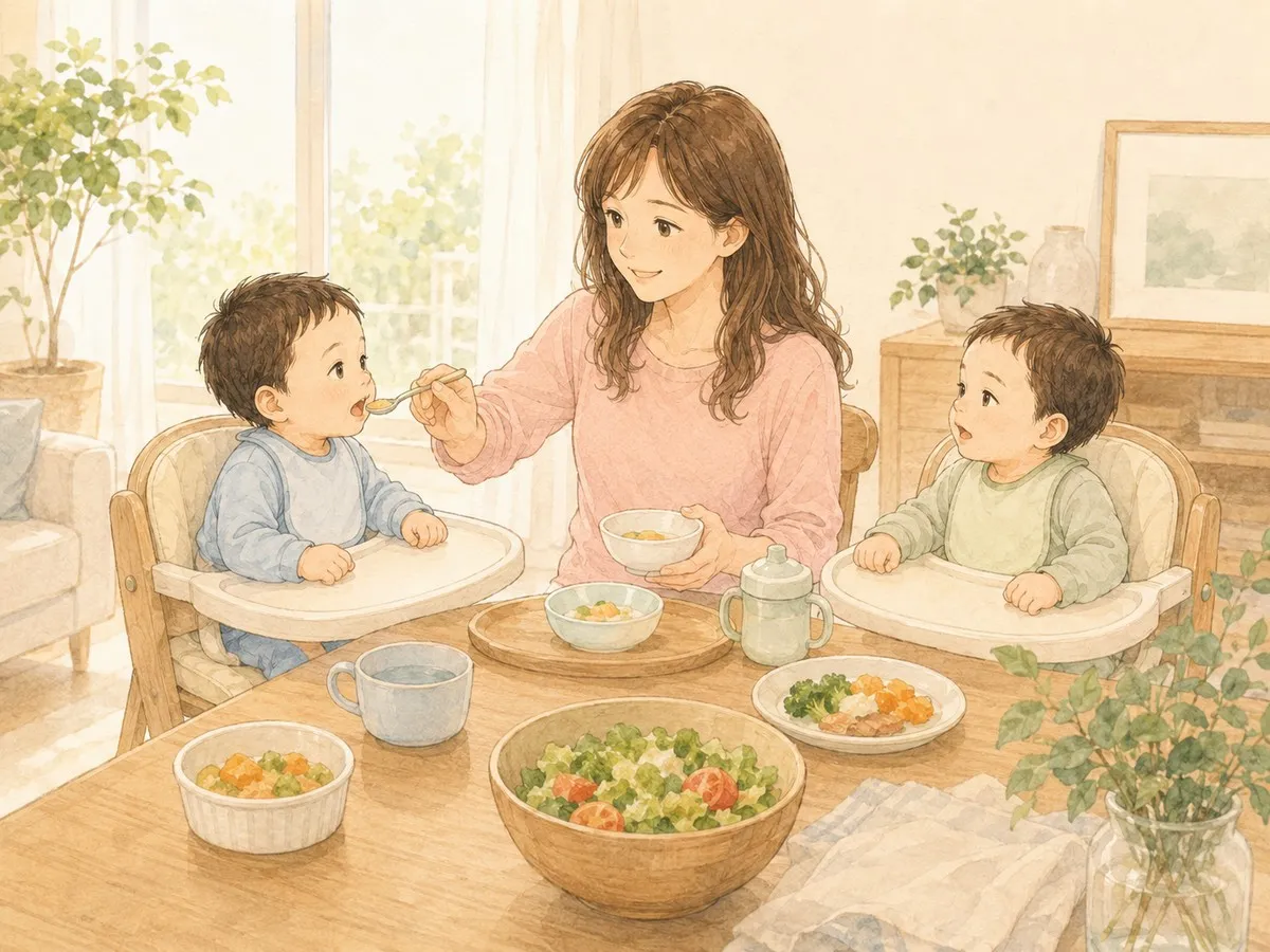 ハイチェアに座った双子に、ママがごはんをあげる水彩イラスト