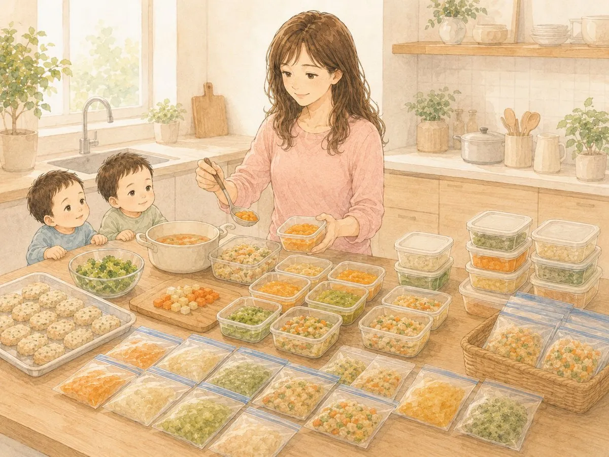 1週間分の作り置きをフリーザーバッグや保存容器に小分けして冷凍する水彩イラスト