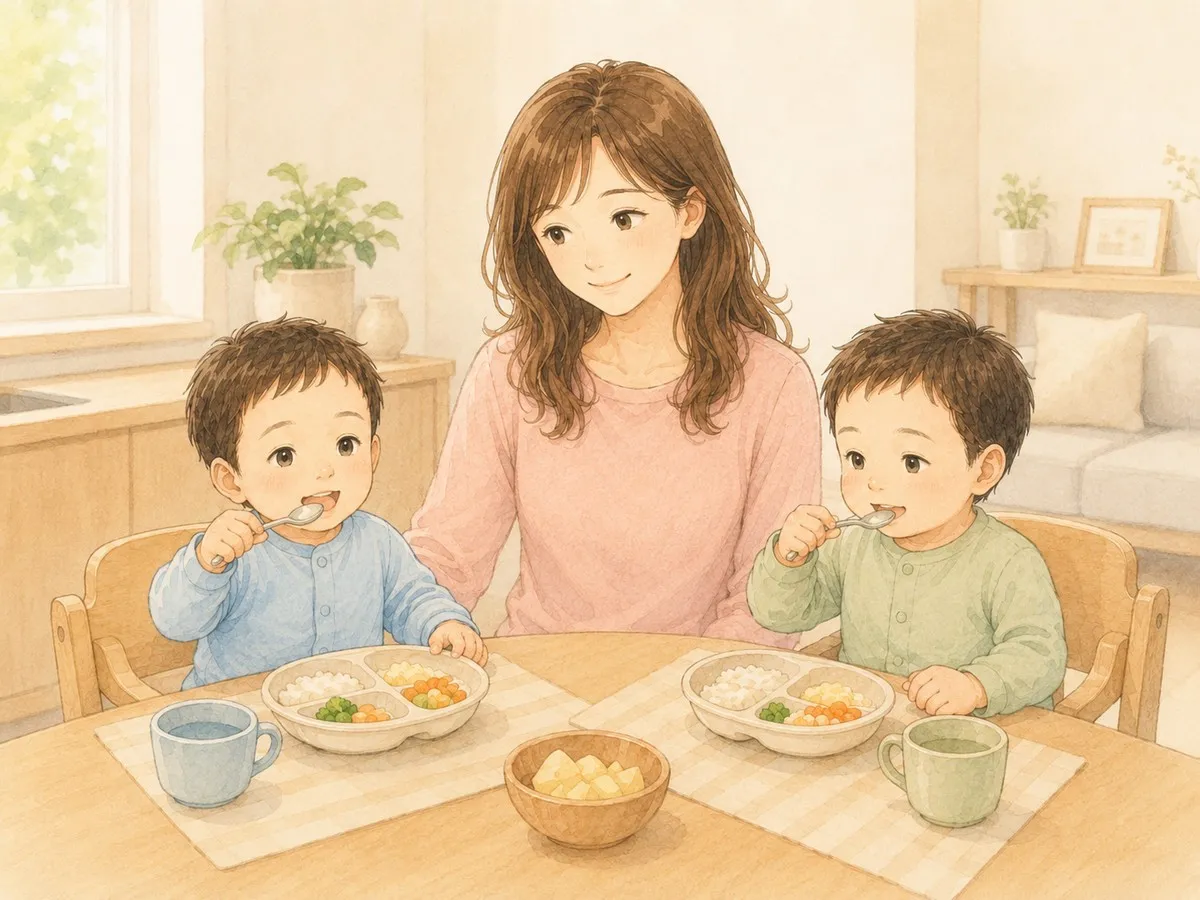 双子が自分でスプーンを持って、楽しそうにごはんを食べる食卓の水彩イラスト