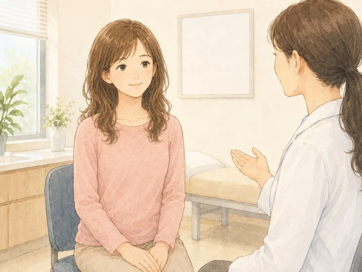 妊娠初期、診察室で医師から双子の膜性についてやさしく説明を受け、安心した表情を見せるママの水彩イラスト