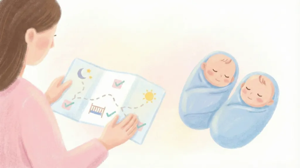 双子のねんね月齢ロードマップを確認するママのイラスト