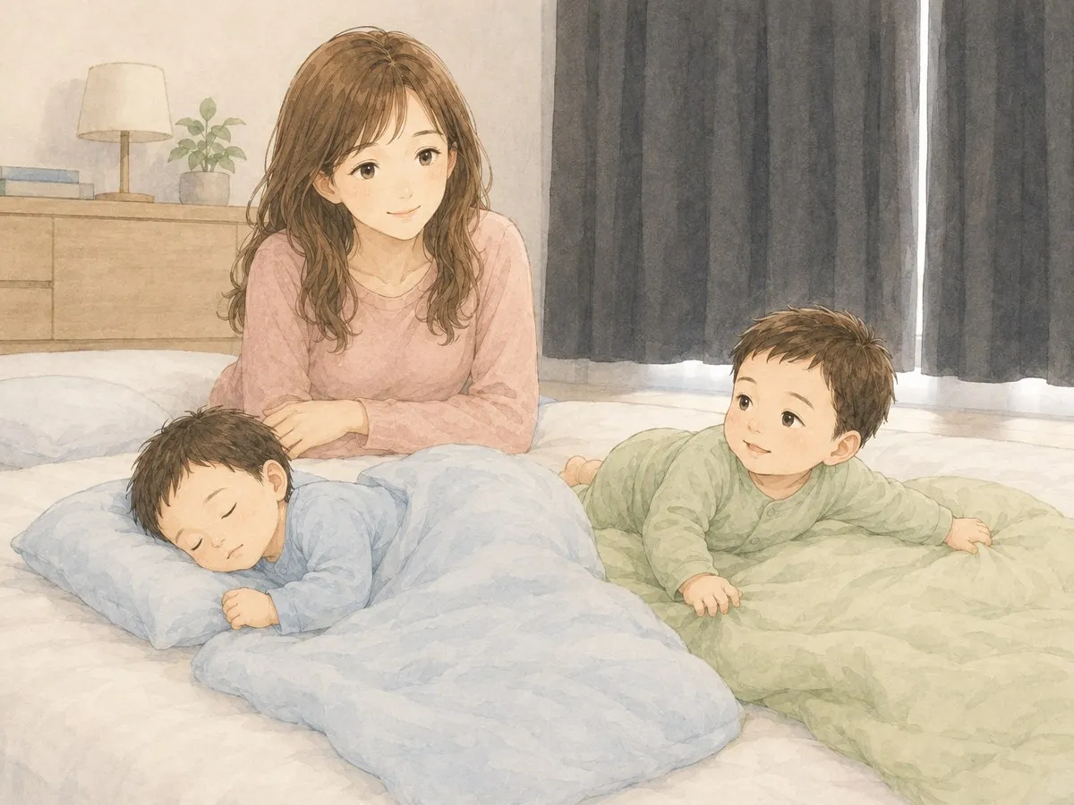 昼寝中、片方は眠り片方は起きている双子をそっと見守るママの水彩イラスト