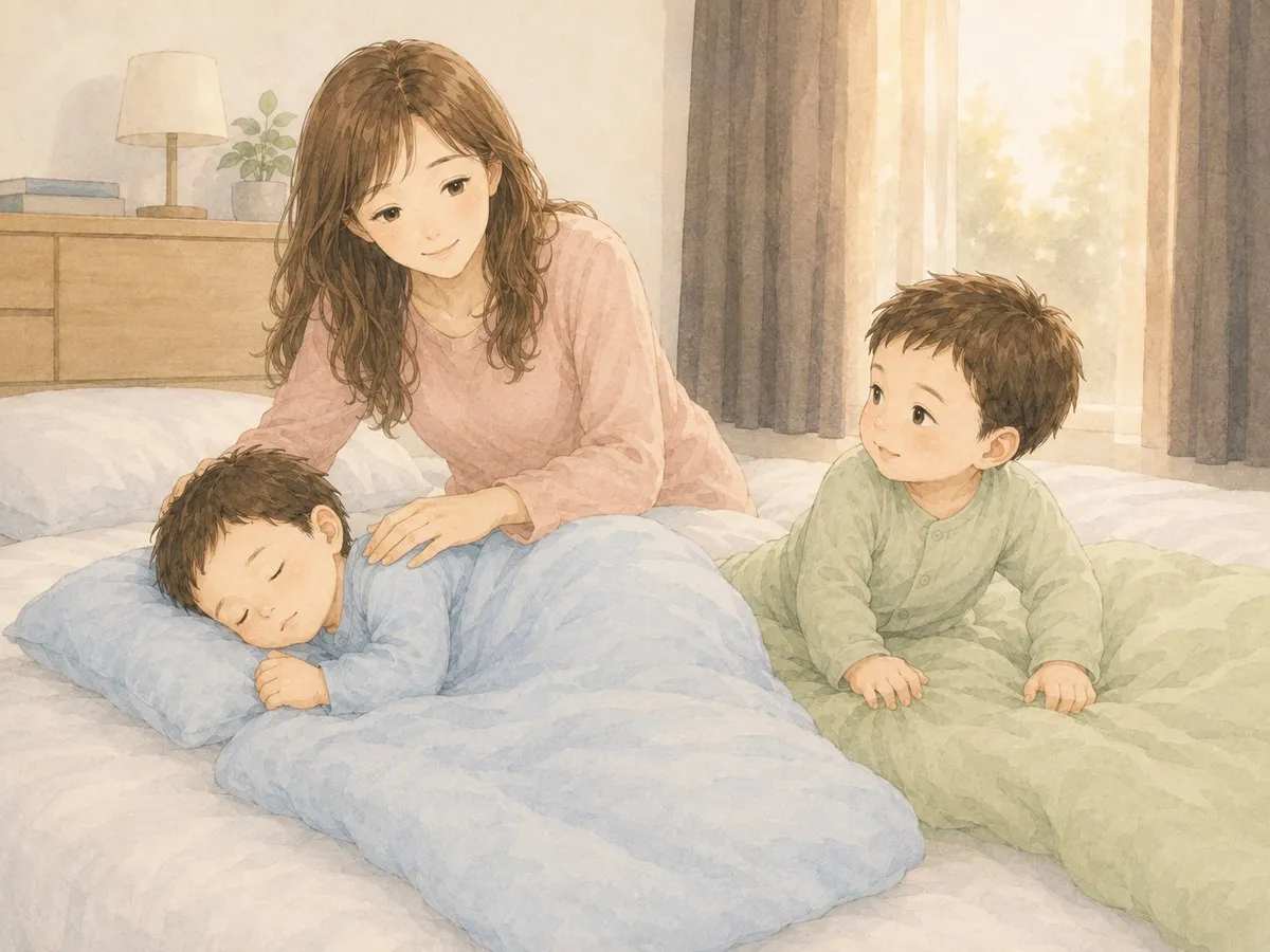 夕方、昼寝している子をやさしく起こすママの水彩イラスト