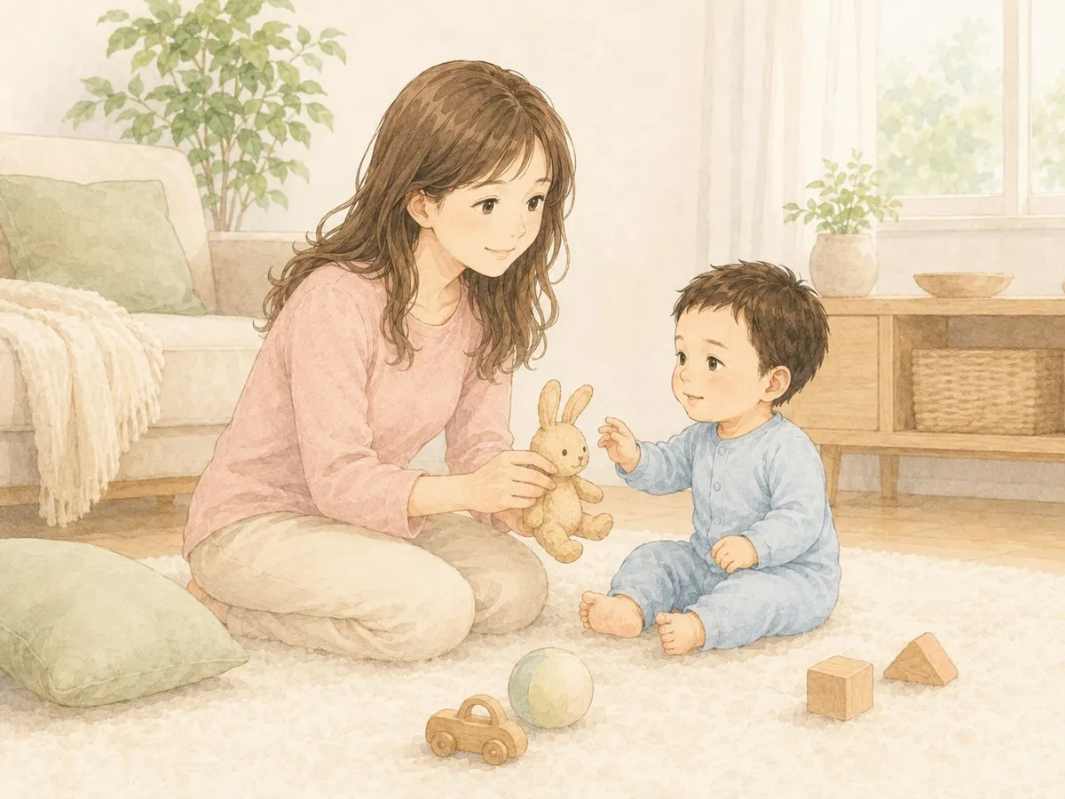 寝つけない子をリビングで少し遊ばせて気分を変えるママの水彩イラスト