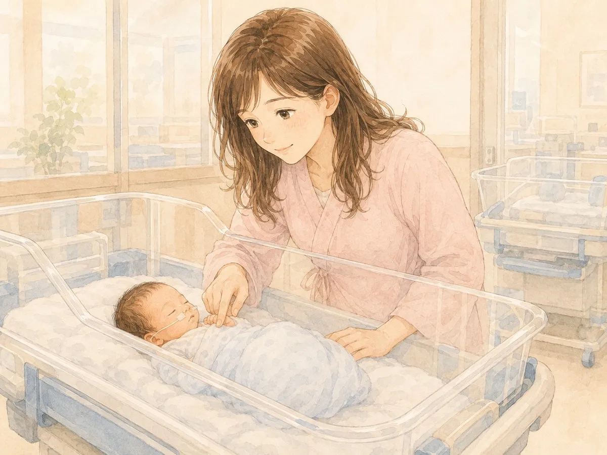 開放型保育器の前で、小さな我が子にそっと手を伸ばすママの水彩イラスト