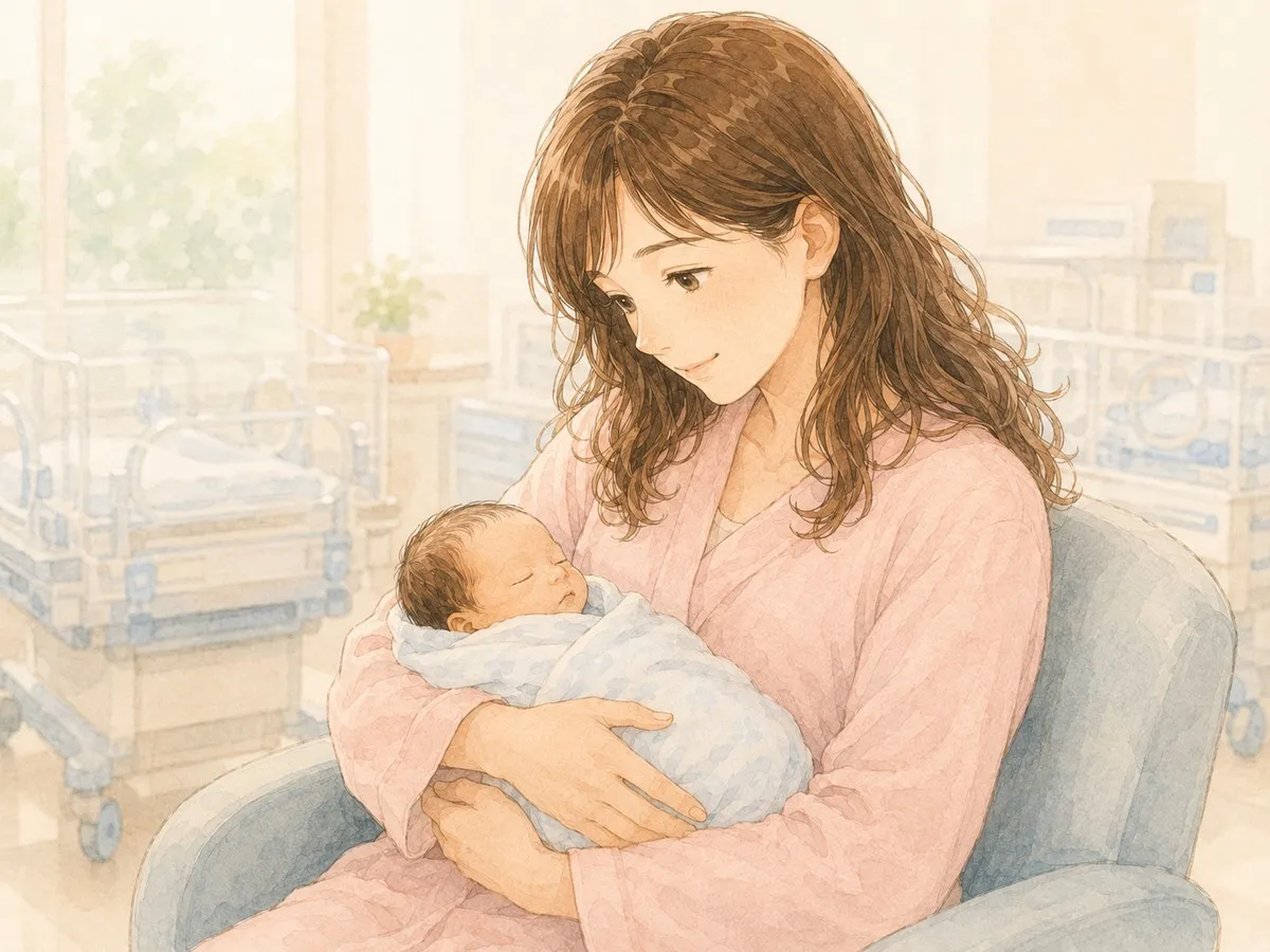 NICUで初めて我が子を抱っこするママの水彩イラスト
