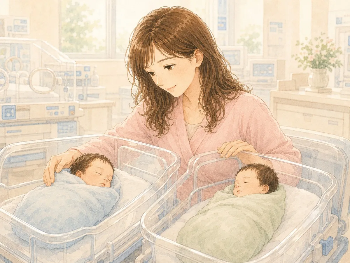 NICUの保育器のそばで、双子にそっと寄り添い声をかけるママの水彩イラスト