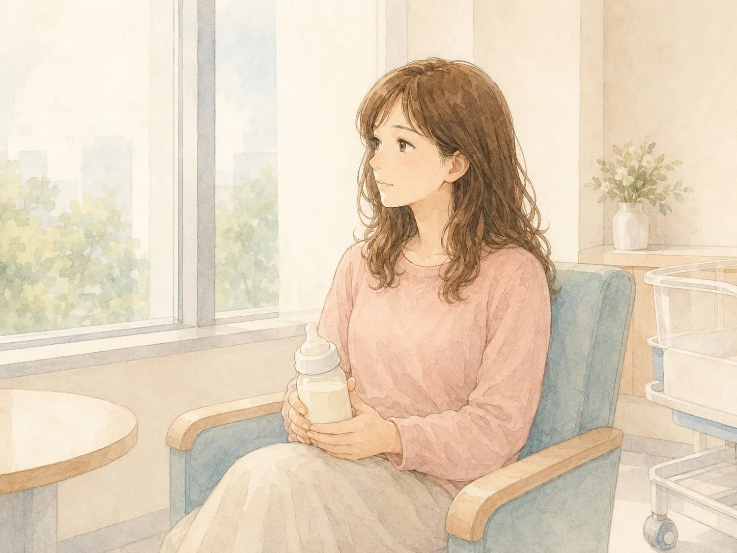 NICU入院中、窓辺で搾乳した母乳の哺乳瓶を手に、まだ会えない我が子を想うママの水彩イラスト