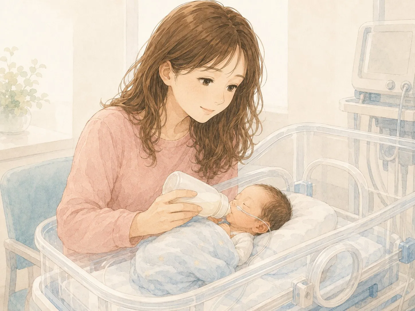 NICUの開放型保育器のそばで、小さな我が子に初めて哺乳瓶でそっとミルクをあげるママの水彩イラスト