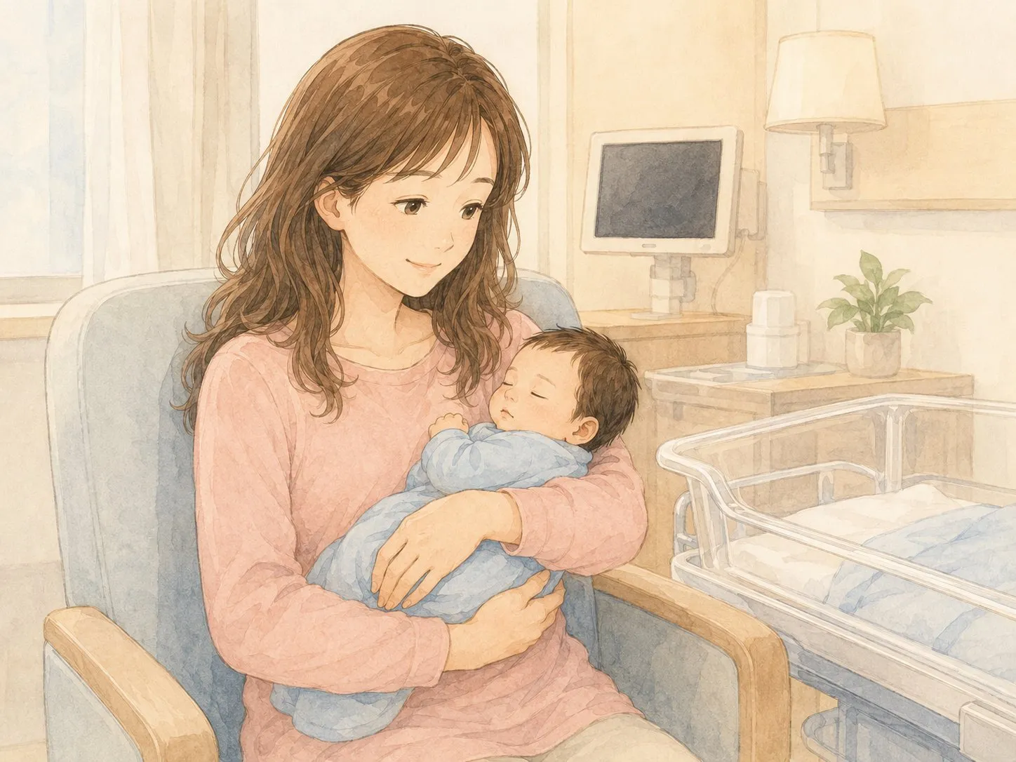 授乳のあと、たっぷり飲んで満足して眠る我が子を抱き、やわらかく微笑むママの水彩イラスト