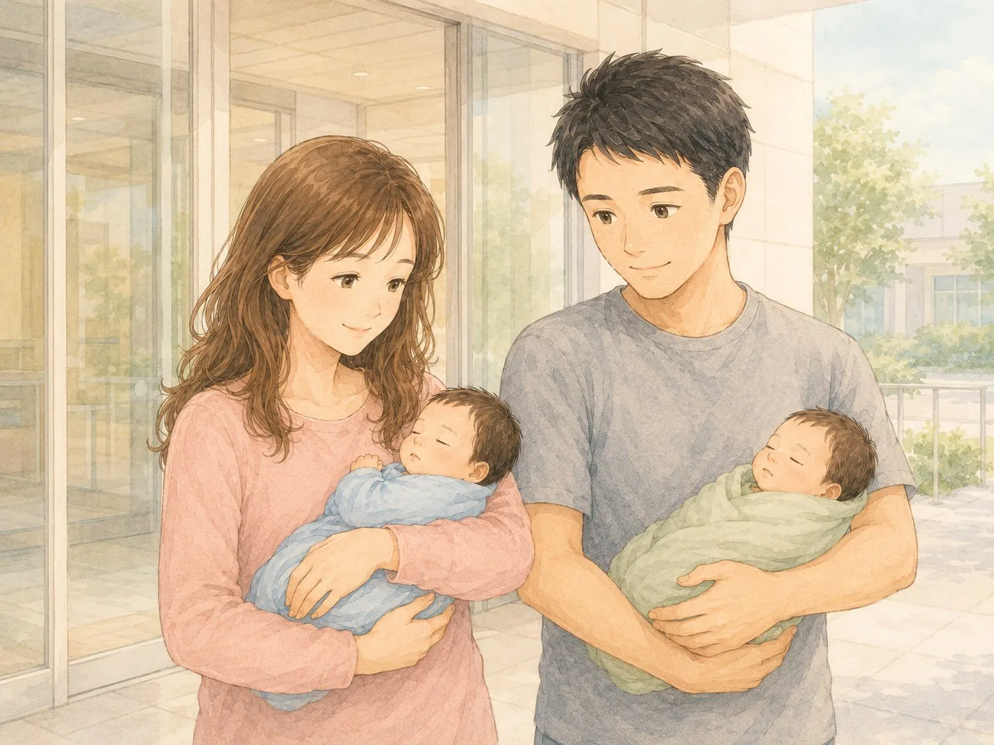 退院の日、おくるみに包んだ双子を抱いて初めて外に出る、希望に満ちたパパとママの水彩イラスト