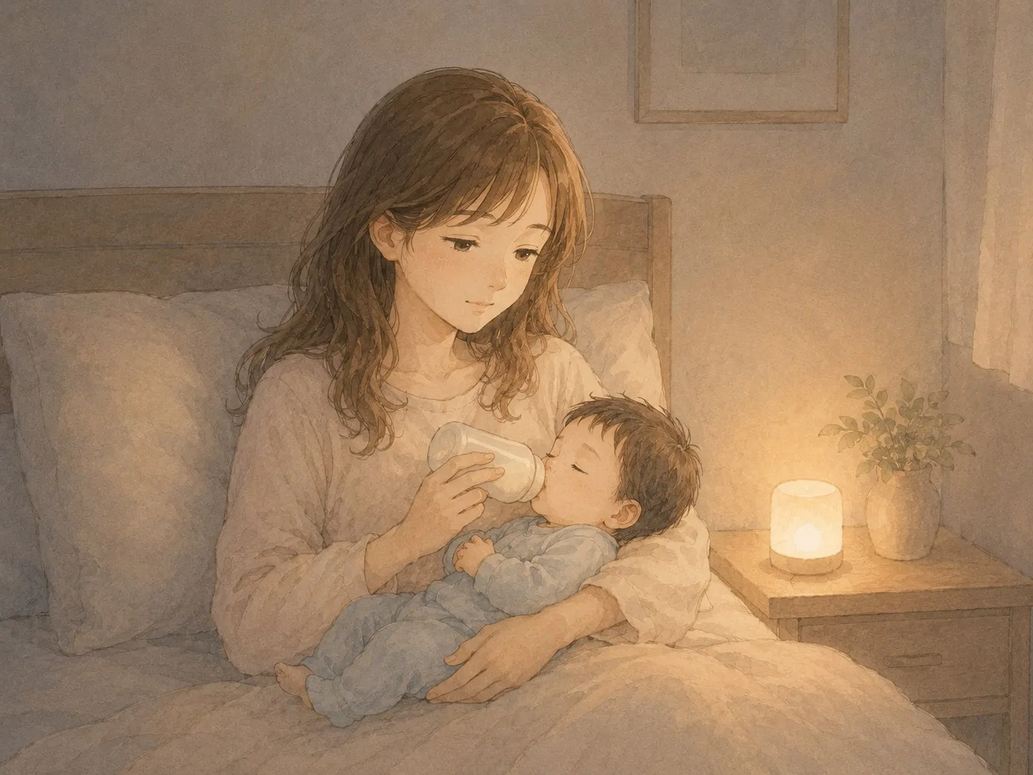 夜、授乳ライトのやわらかな灯りの中で、赤ちゃんをそっと授乳するママの水彩イラスト