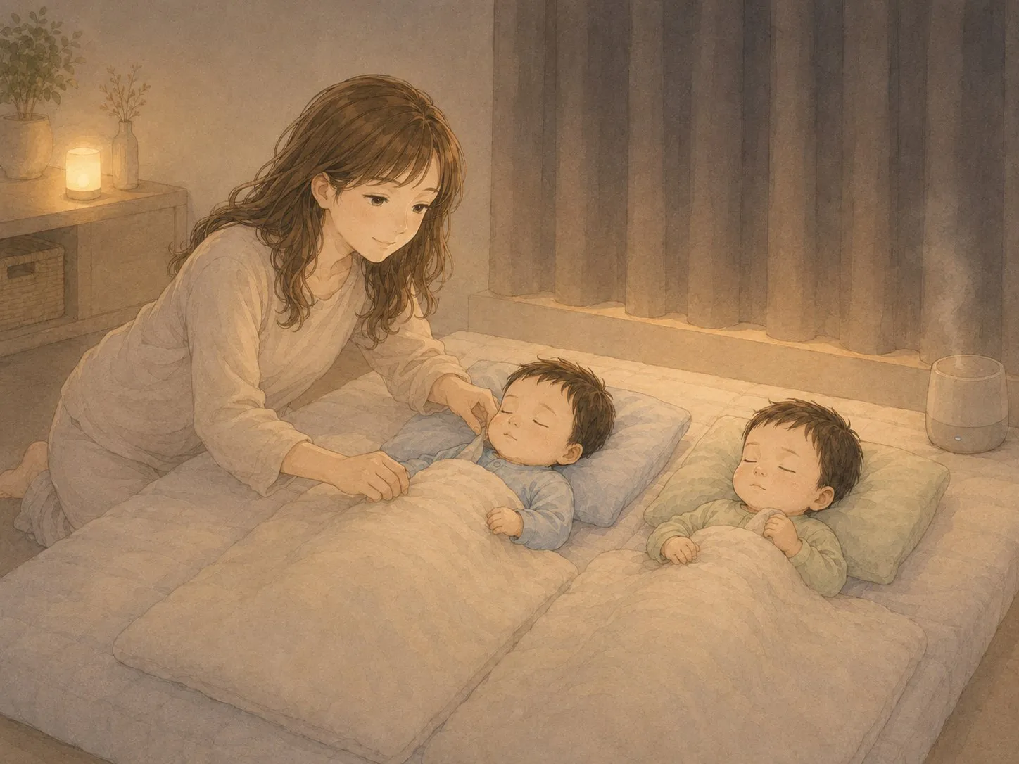 夜、眠る双子のそばで、おくるみや口元に布がかぶさっていないかをそっと確認するママの水彩イラスト