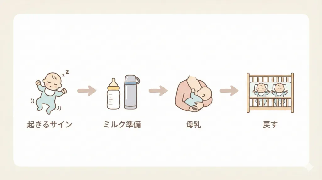 双子の夜間授乳フロー図|ミルク作りから授乳の流れ