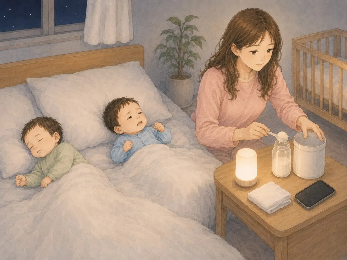 片方の赤ちゃんの「起きそうなサイン」を見て、泣く前に先に哺乳瓶のミルクを準備するママの水彩イラスト