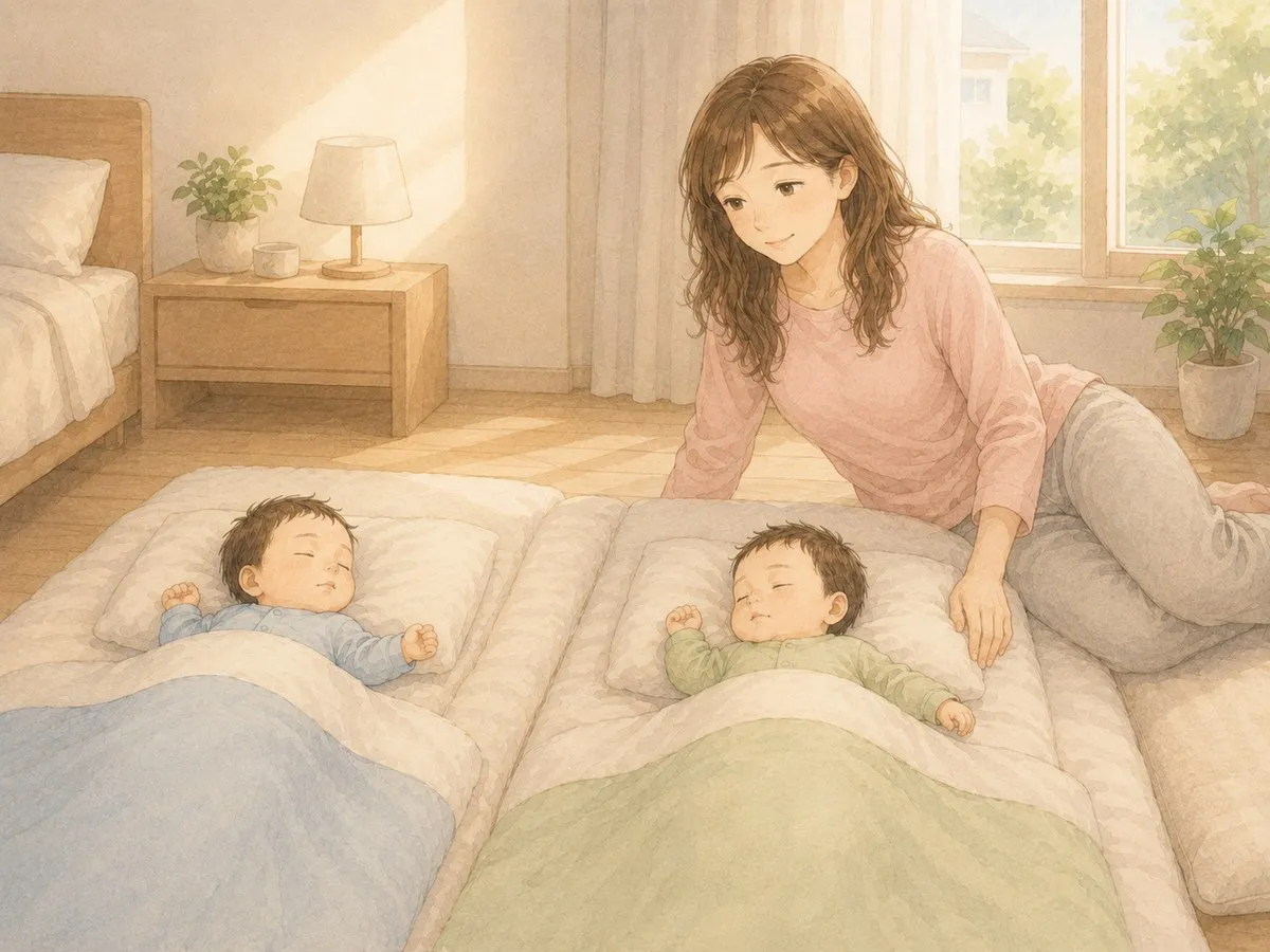 夜中に一度も起きなかった朝、布団でぐっすり眠る双子をそっと見てほっと安心するママの水彩イラスト