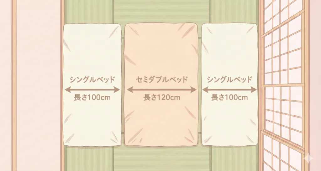 ニトリのシングル+セミダブルマットレスの配置図(寝返り期)