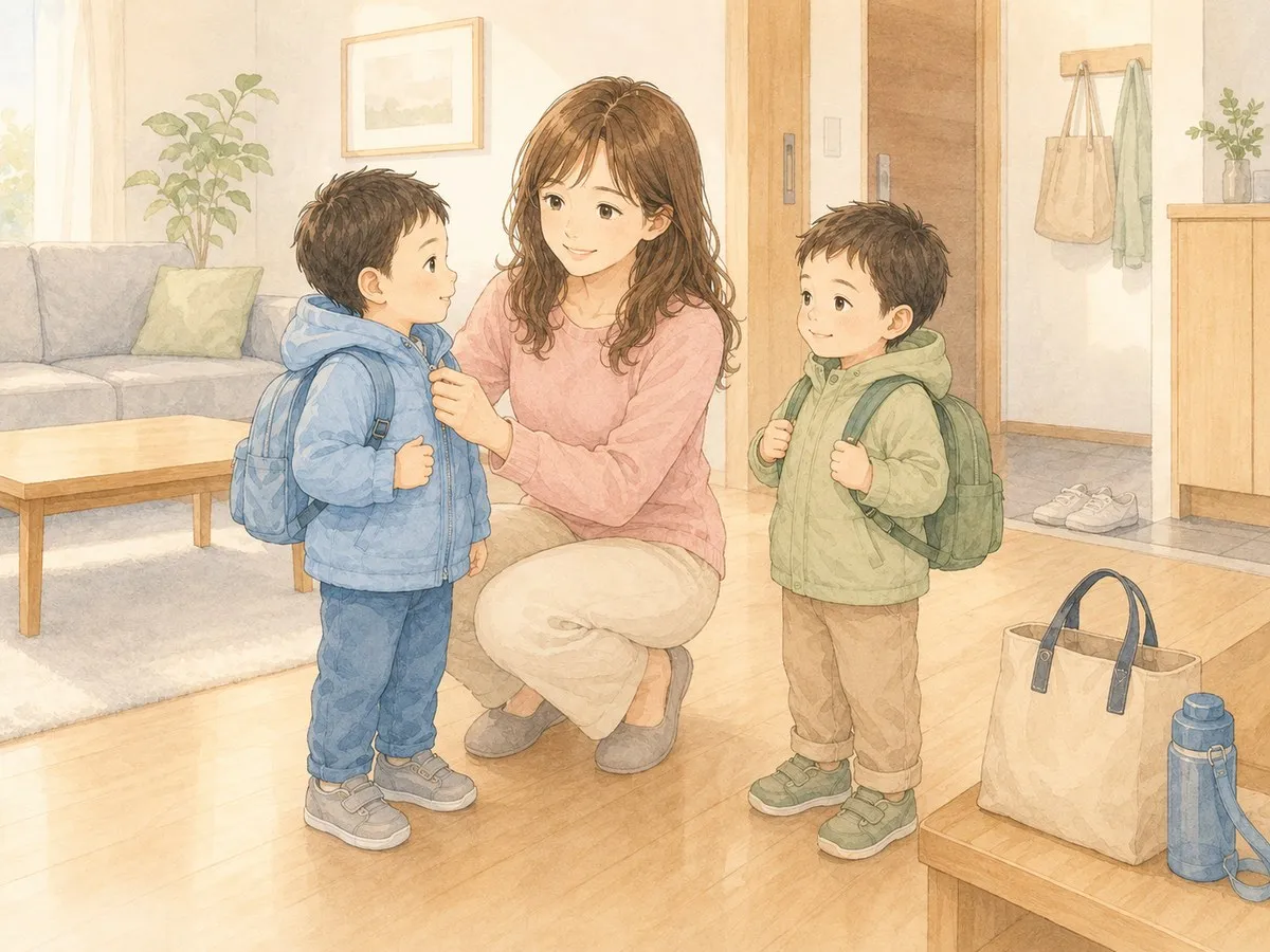 朝6時、玄関先で双子に上着を着せて保育園の支度をするママの水彩イラスト