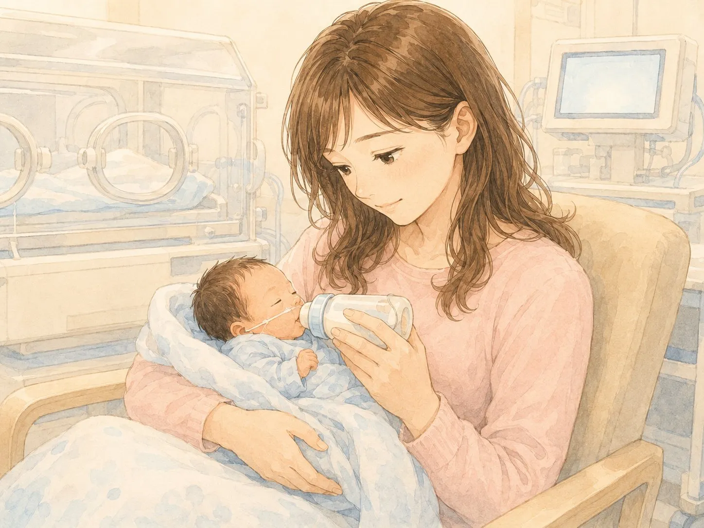 NICUで、抱っこした我が子に初めて哺乳瓶でミルクをあげるママの水彩イラスト