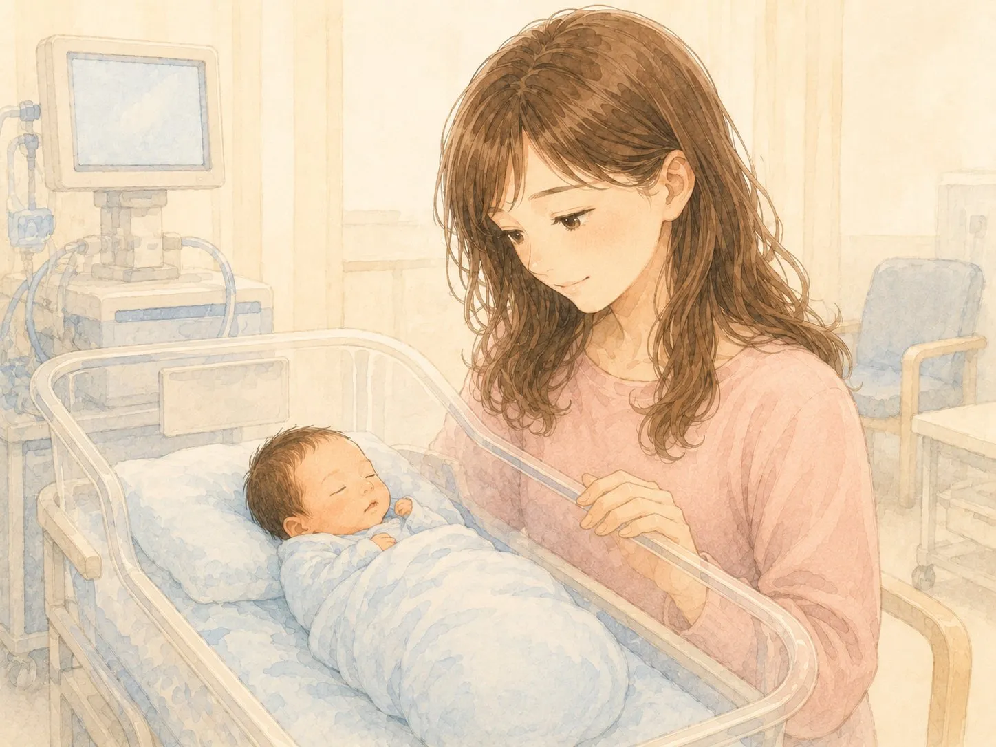 NICUのコットで眠る小さな我が子を、焦らず穏やかに見守るママの水彩イラスト