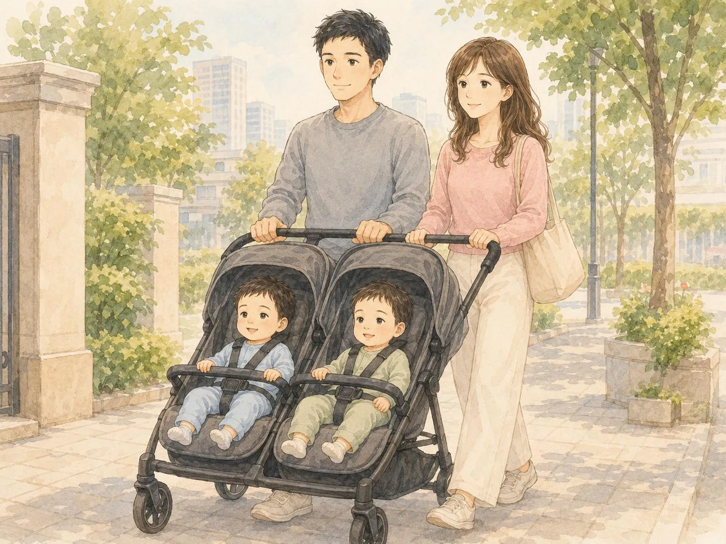 パパとママが横並びの双子用ベビーカーを一緒に押してお出かけする水彩イラスト