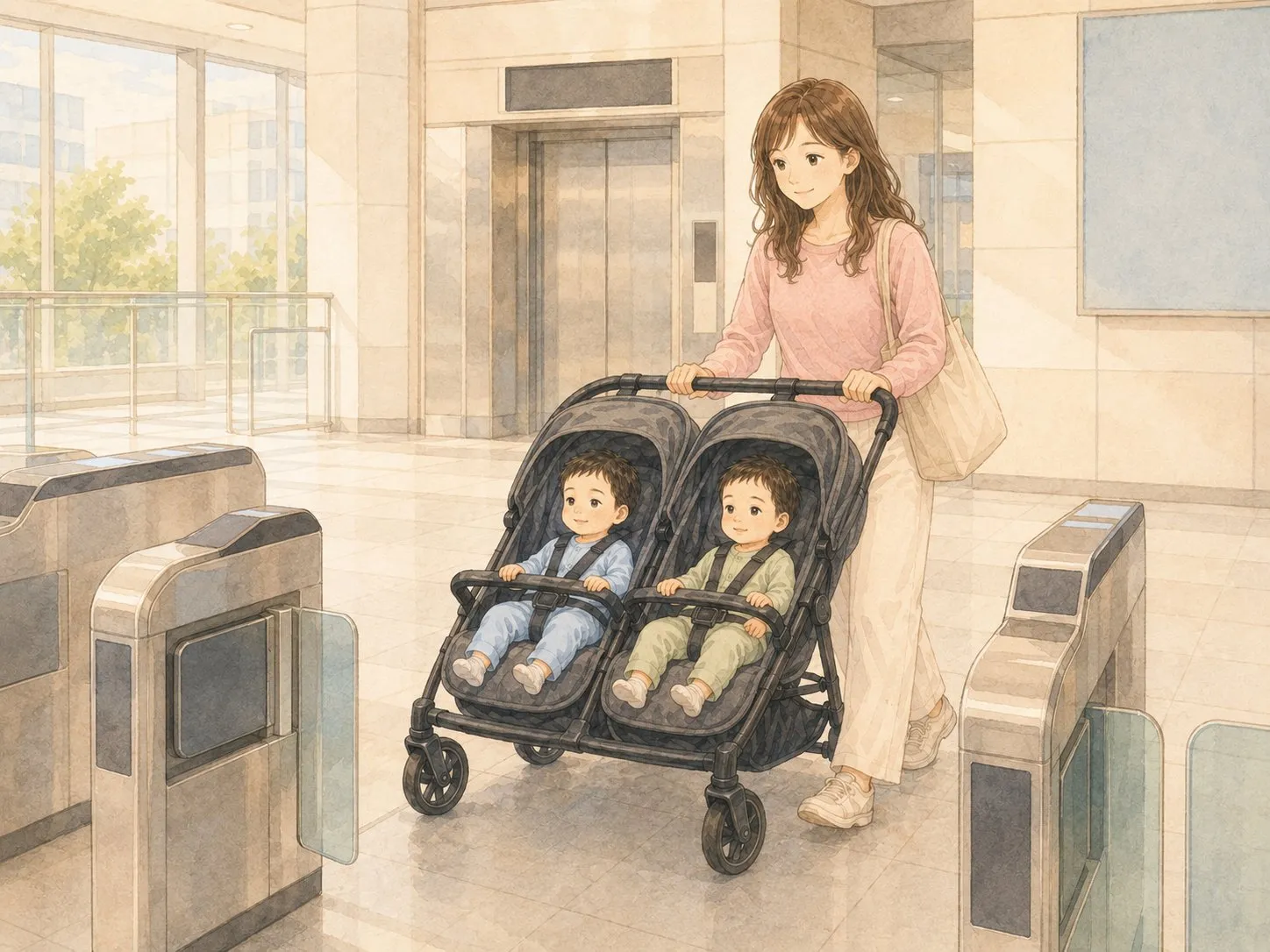 駅で大きな双子用ベビーカーを気をつけながら取り回すママの水彩イラスト