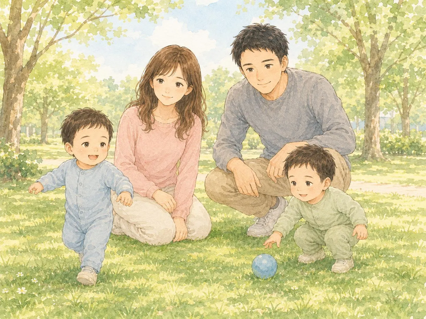 晴れた公園の芝生で、双子と一緒に過ごし笑顔で見守るパパとママの水彩イラスト