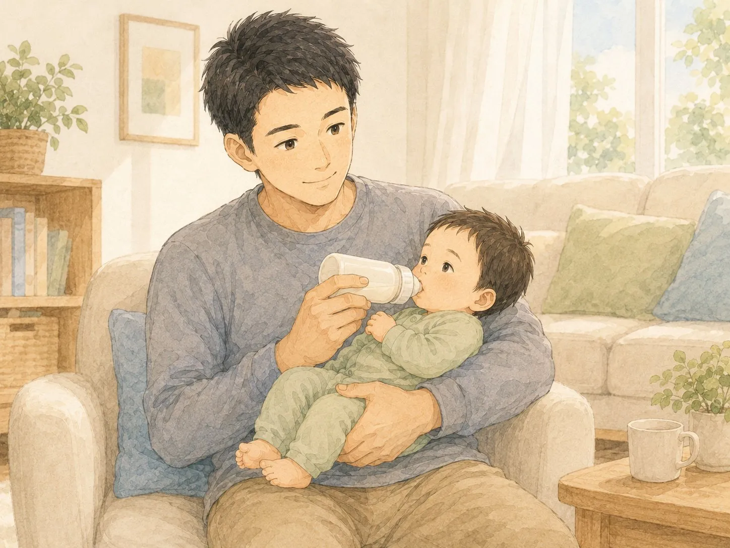リビングで、パパが弟を1人で抱いて哺乳瓶でミルクをあげる水彩イラスト