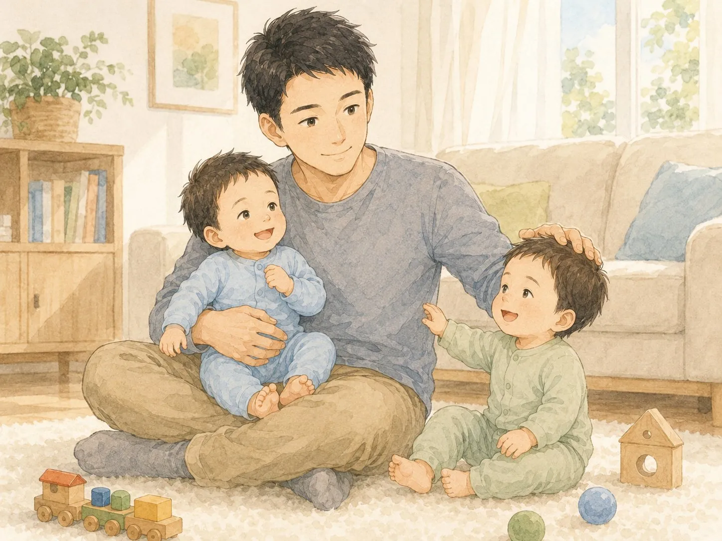 リビングで、パパが双子の両方を1人であやして楽しそうに世話する水彩イラスト