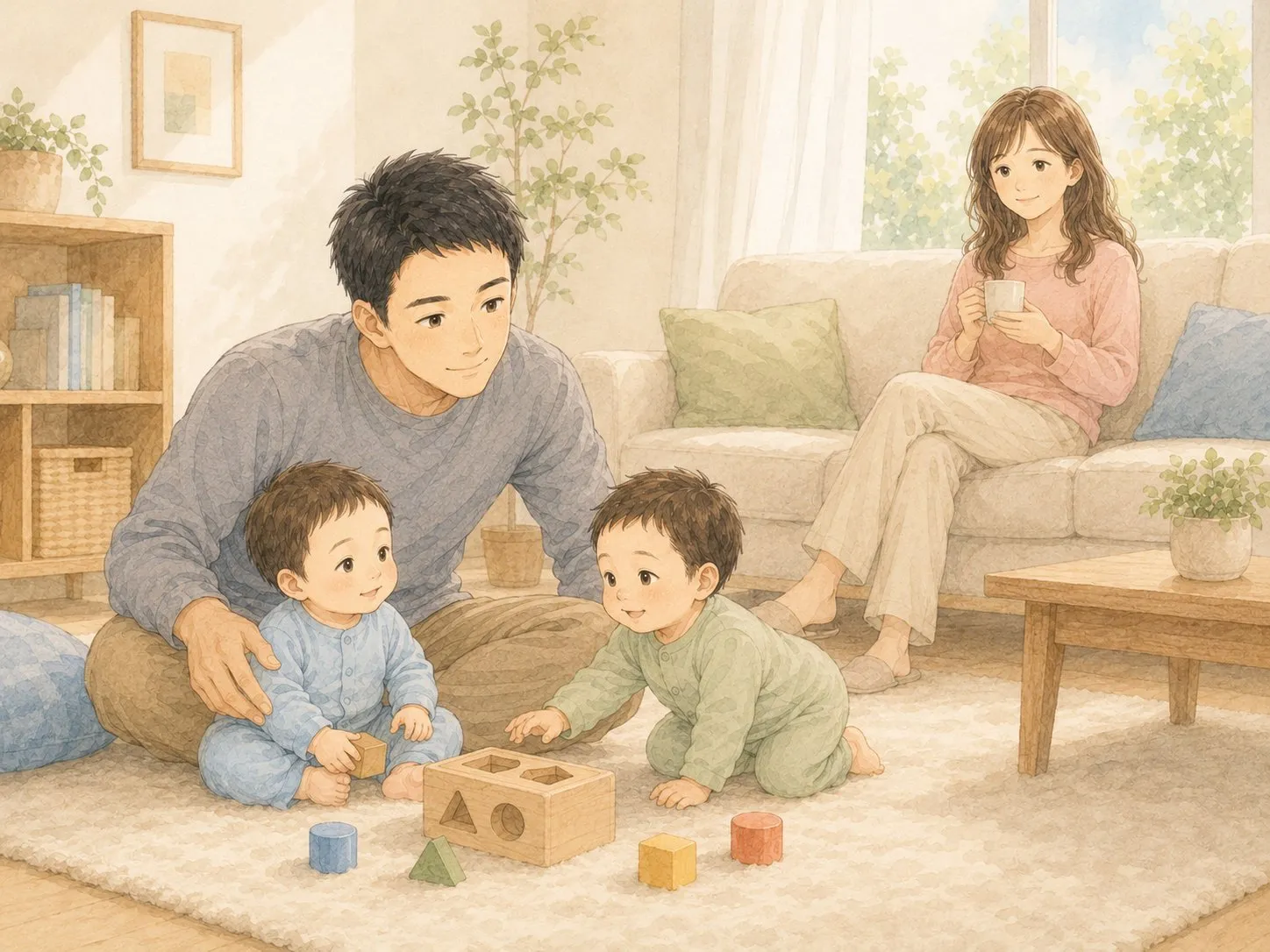 パパが双子と遊ぶそばで、ママがソファでお茶を飲みひと息つく水彩イラスト