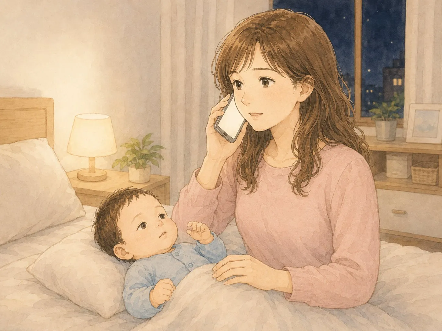 夜、不安な気持ちで病院に電話して相談するママの水彩イラスト