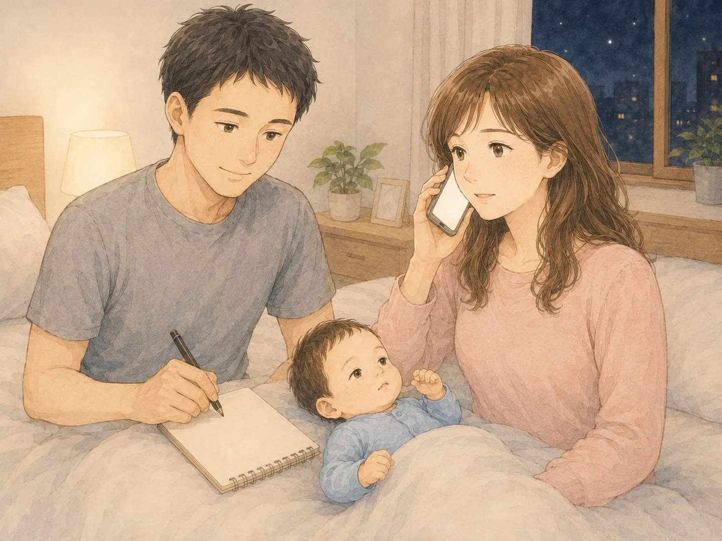 夜、ママが電話で話し、パパがそばで赤ちゃんの様子をメモに書きとめる水彩イラスト