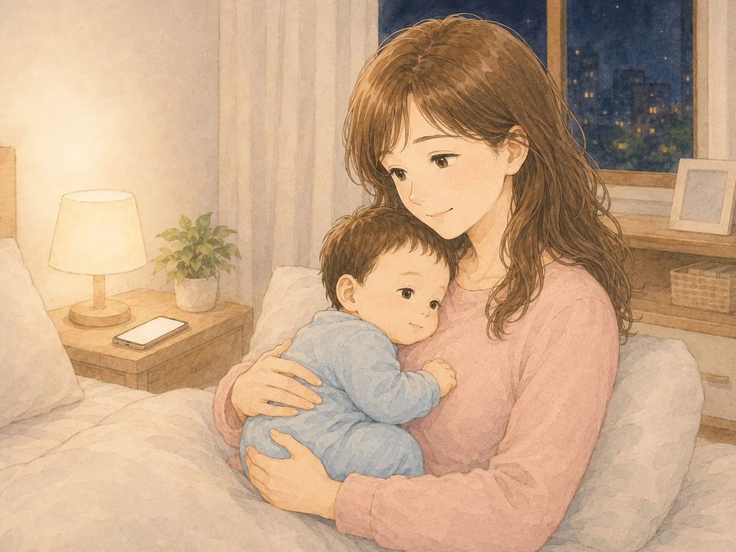 電話相談を終えて、赤ちゃんを抱いて少しほっとするママの水彩イラスト