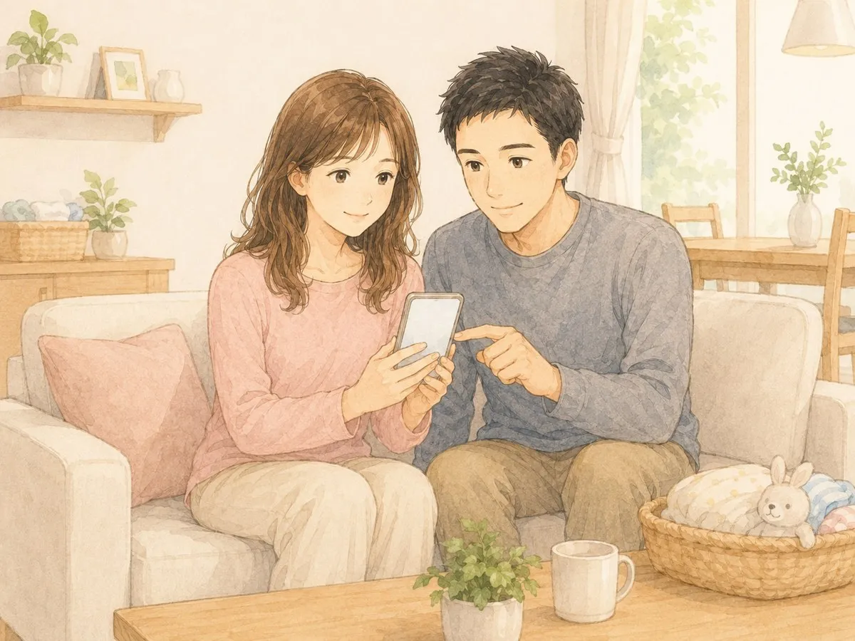 リビングのソファで夫婦が並んで、スマホの育児記録アプリを一緒に見て今日の双子の記録を確認し合う水彩イラスト