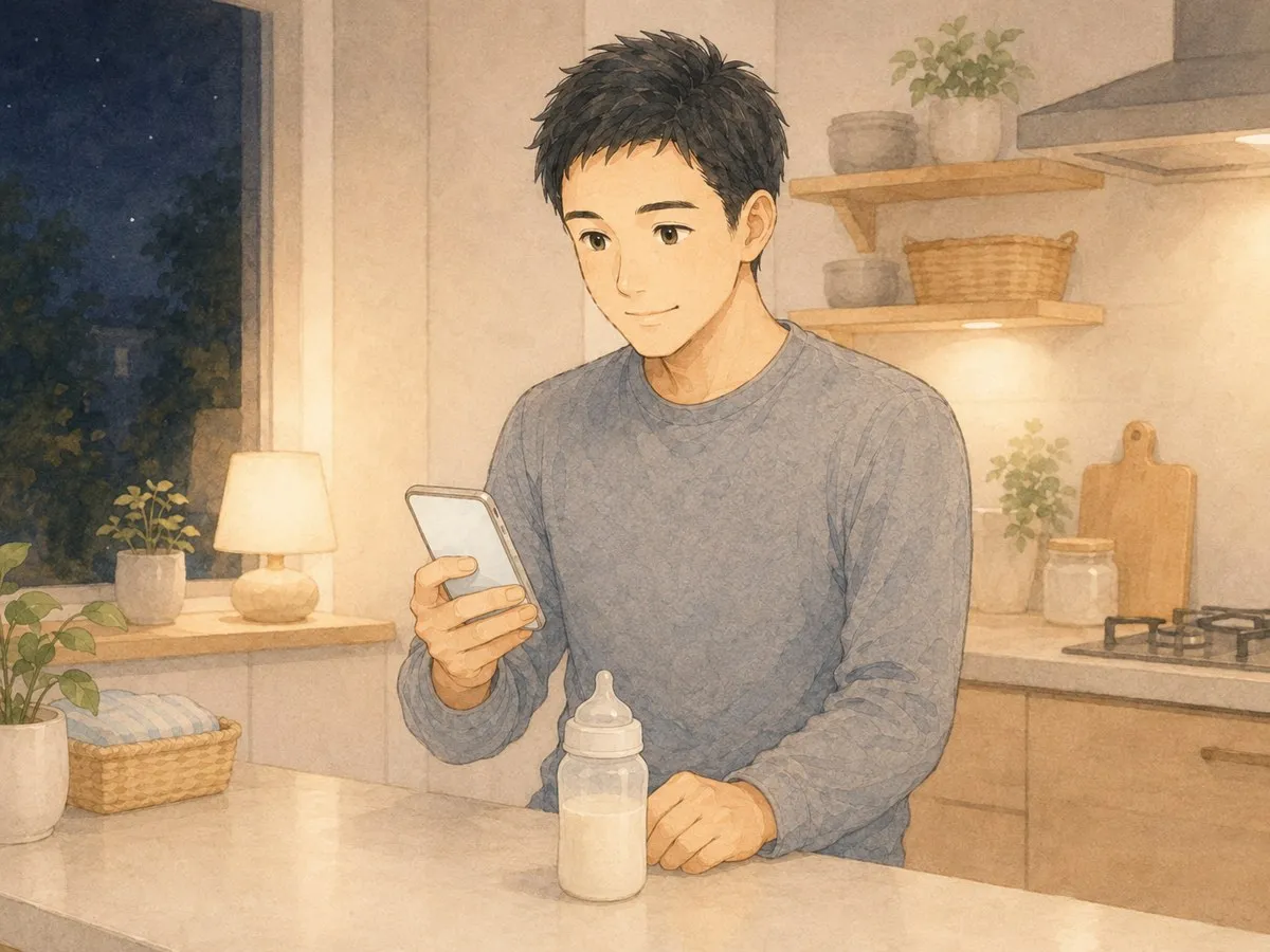 夜のキッチンで、用意したミルクのそばで育児記録アプリに時刻を記録するパパの水彩イラスト
