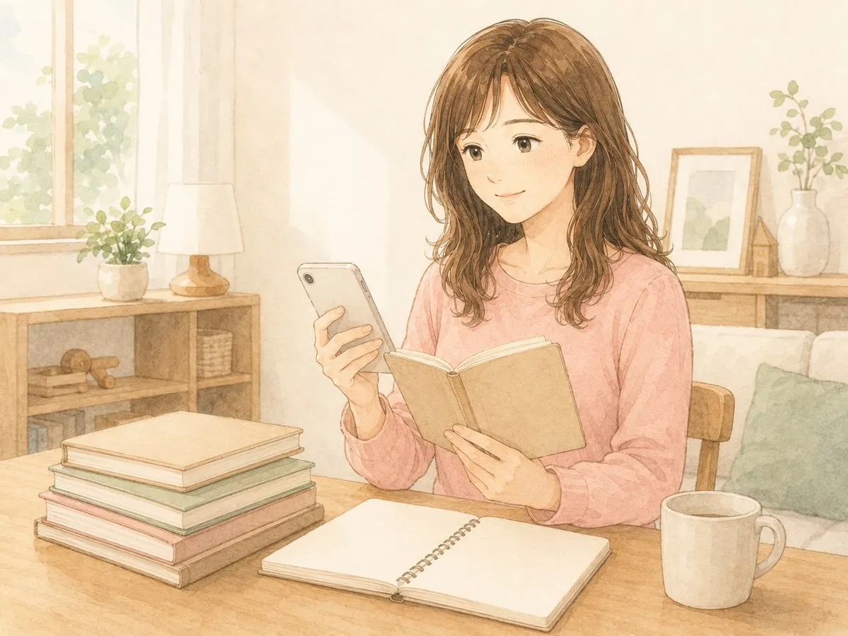 スマホや育児日記を見返し、積み重なった記録を振り返って穏やかに微笑むママの水彩イラスト