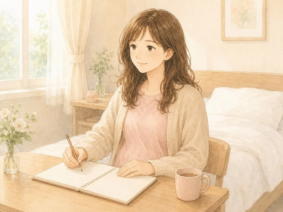入院中の居室で、不安を「聞きたいこと」に変えてノートに静かに書き出すママの水彩イラスト