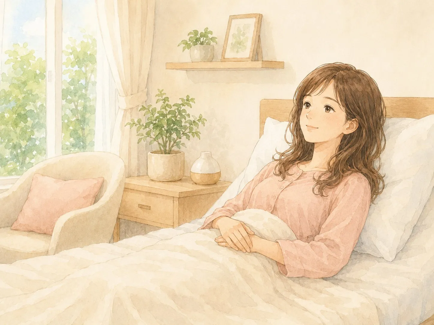 産後ケア施設のベッドで、ようやく安心して休むママの水彩イラスト
