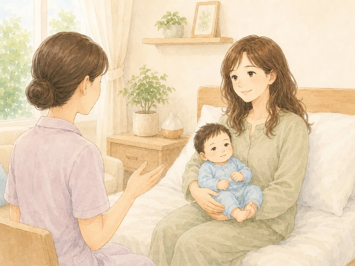 産後ケア施設で、助産師さんに授乳のことを相談するママの水彩イラスト