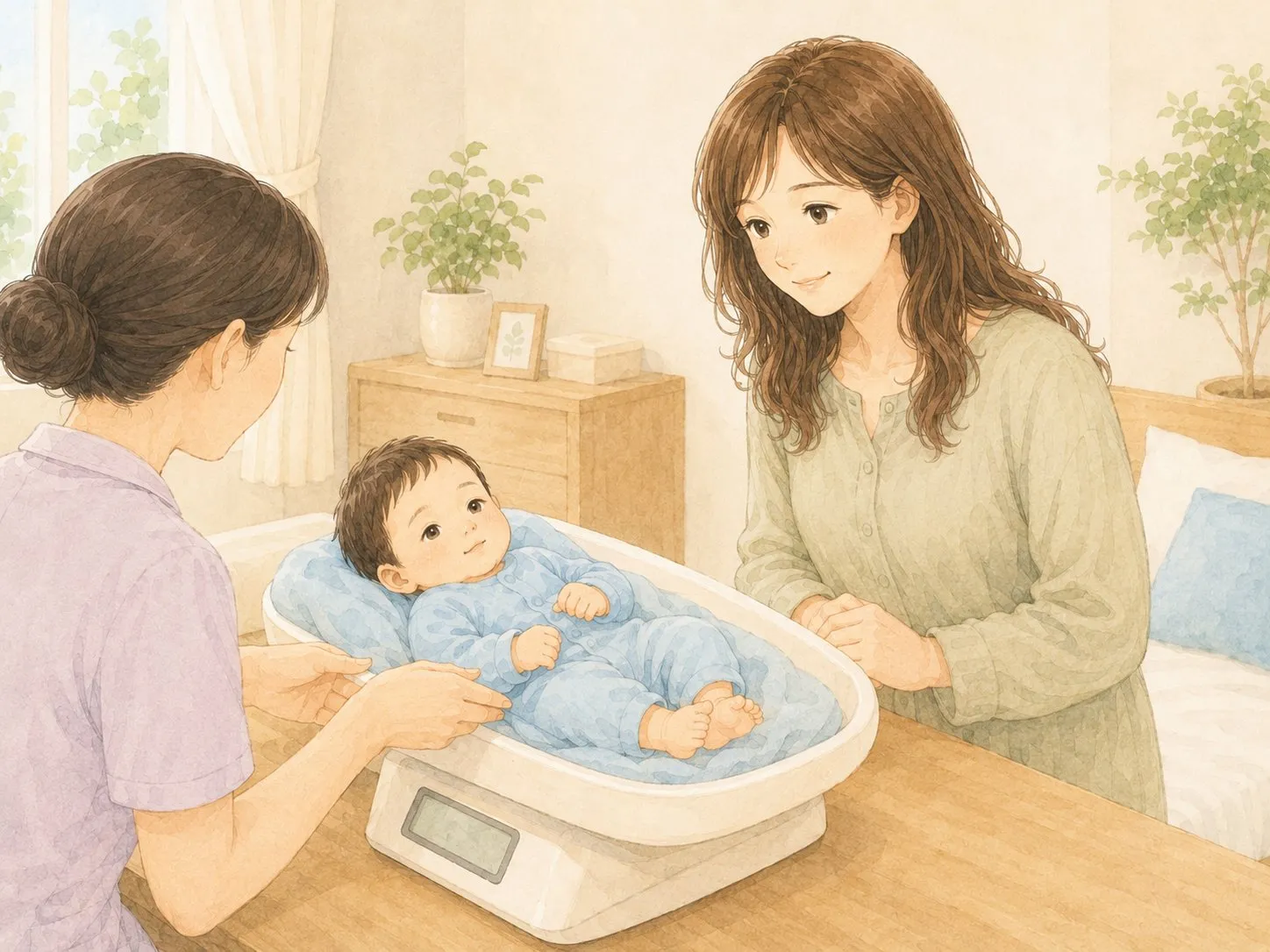 産後ケア施設で、赤ちゃんの体重を測ってもらってホッとするママの水彩イラスト