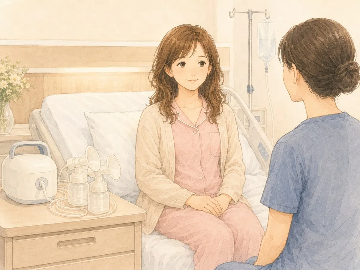 術後の病室で、机に置かれた搾乳機のそば、助産師さんに付き添われて搾乳を始めるママの水彩イラスト