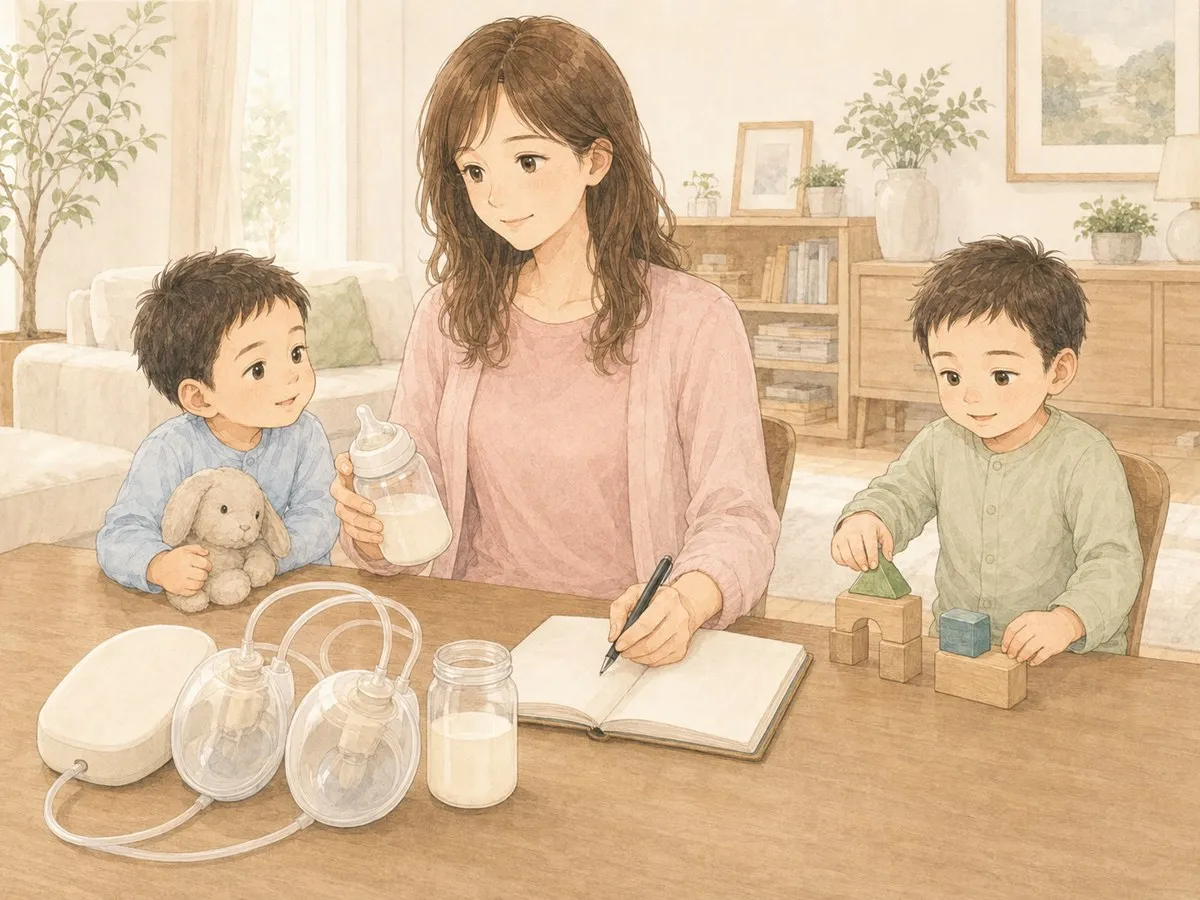 自宅で、机の搾乳機のそばで双子を見守りながら手帳に記録をつけるママの水彩イラスト