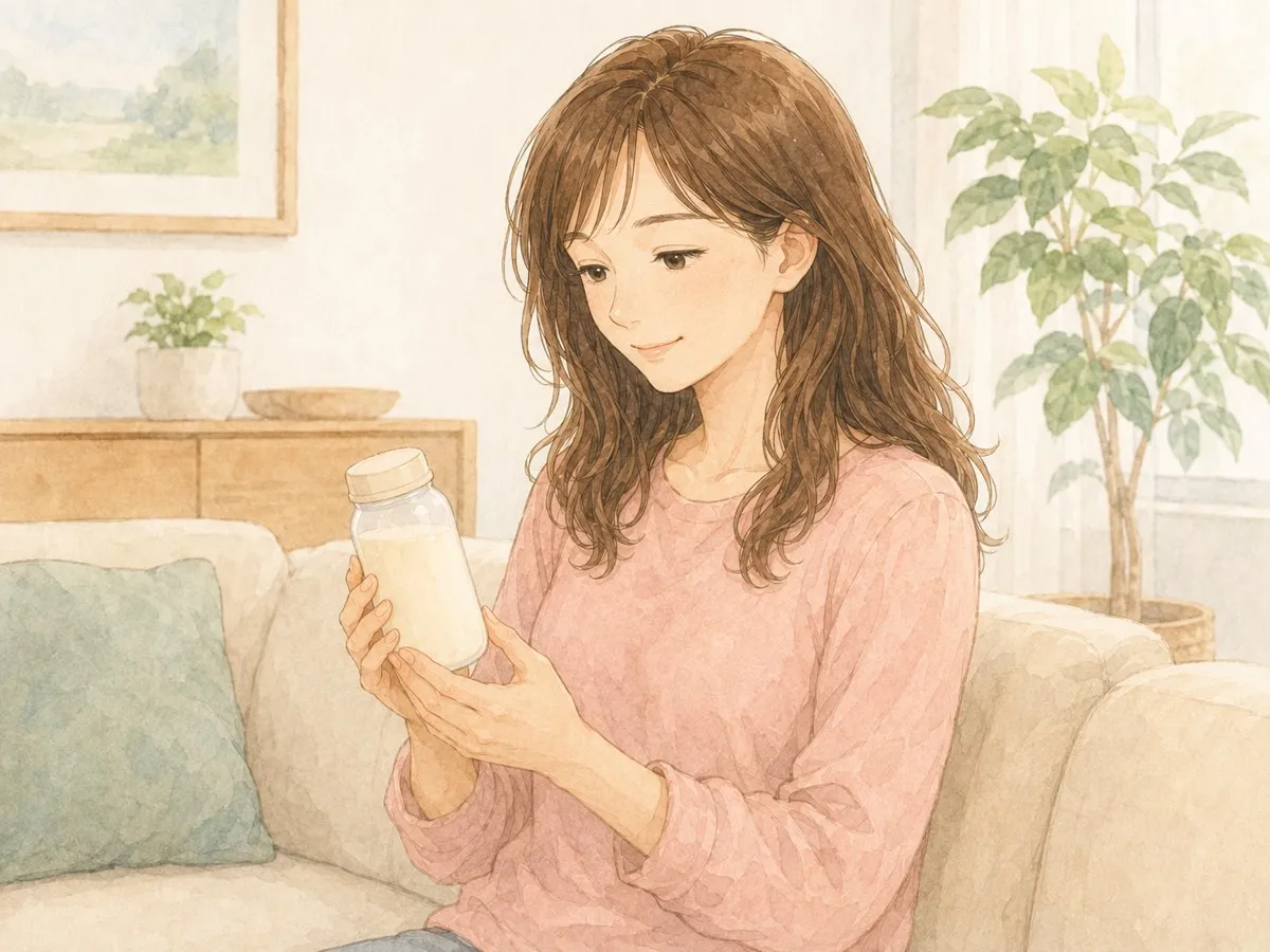 搾乳を終え、搾った母乳のボトルを穏やかに見つめるママの水彩イラスト