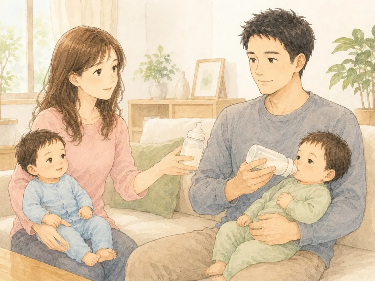 ママが搾った母乳をパパに渡し、パパが弟に哺乳瓶であげる夫婦の担当制の水彩イラスト
