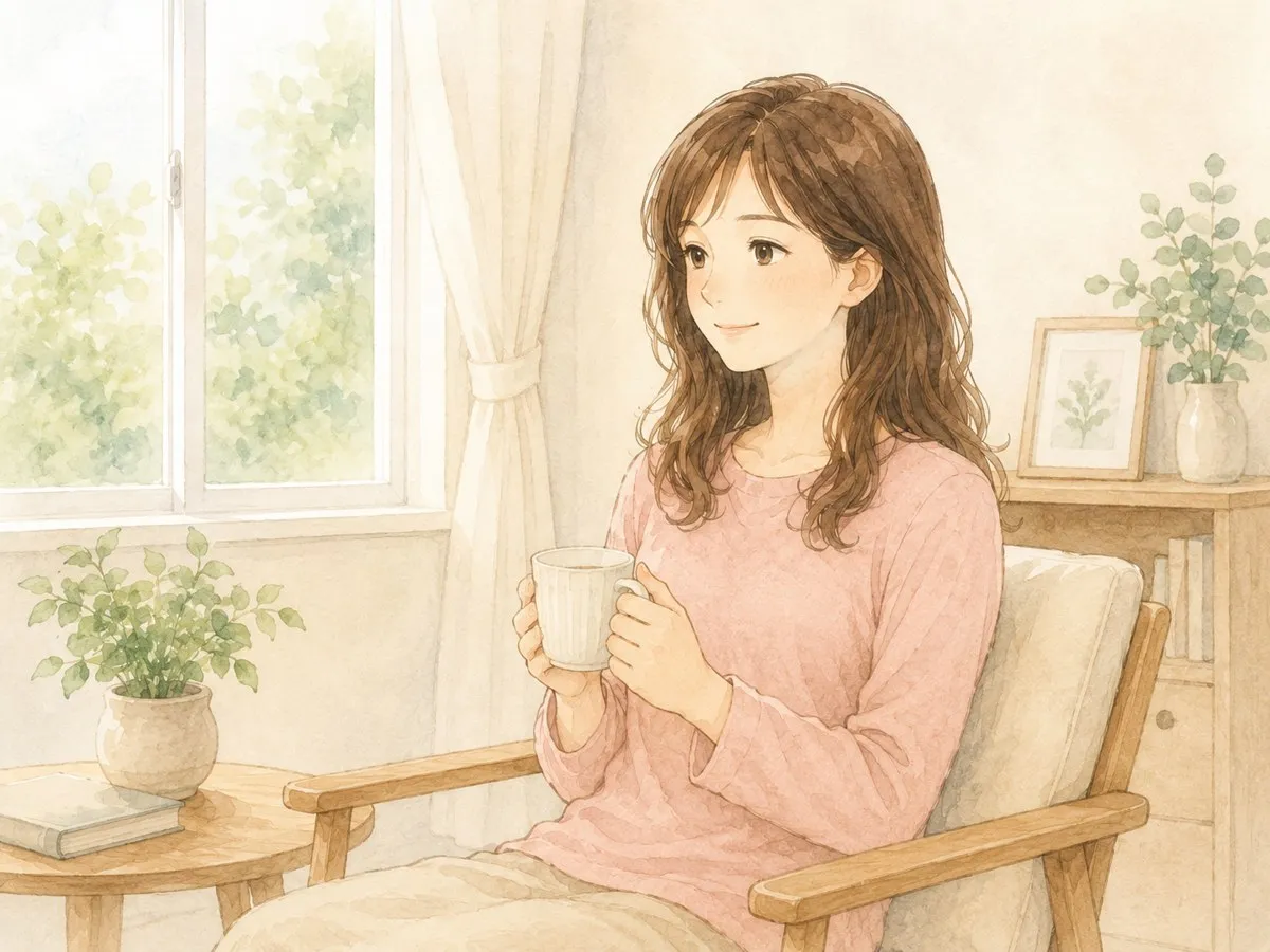 搾乳のタイミングがずれた日、窓辺のいすで一息つき自分を責めず受け止めるママの水彩イラスト