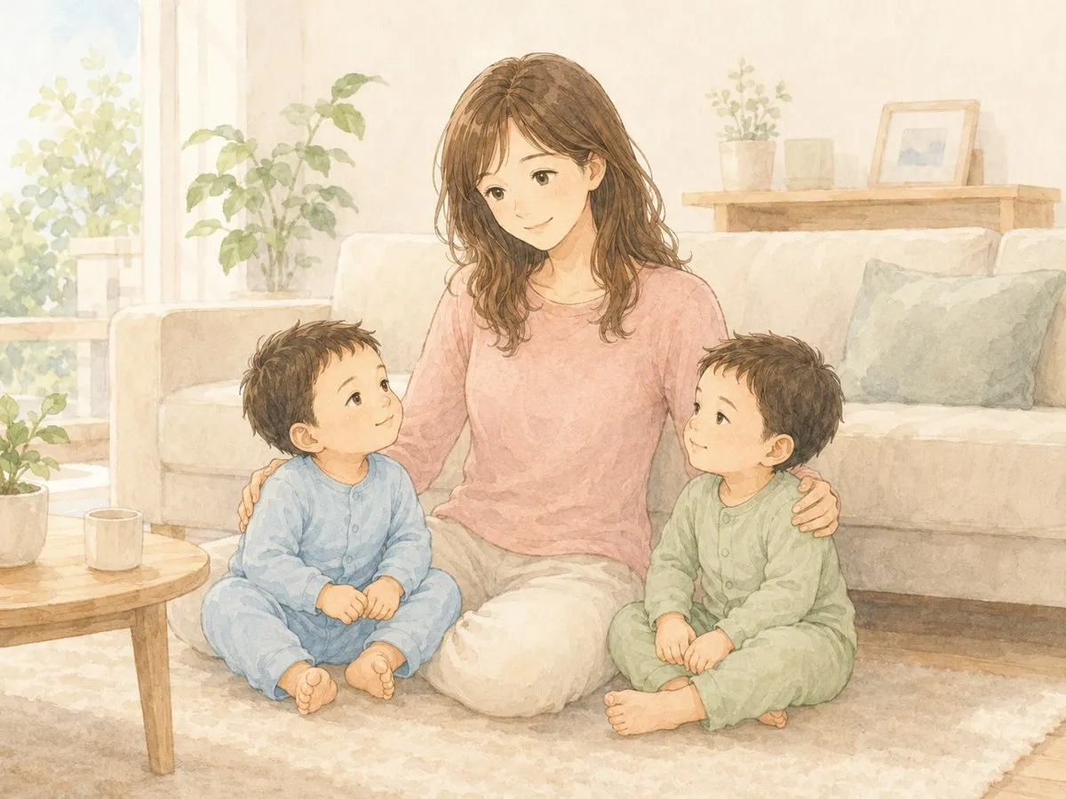 搾乳を続けた日々を経て、双子と穏やかに過ごすママの水彩イラスト