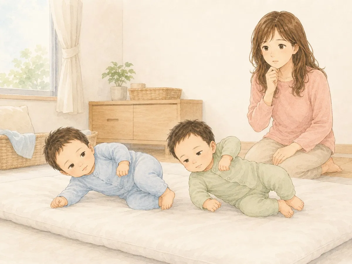 フロアの寝床で寝返りし始めた双子を、少し心配そうに見守るママの水彩イラスト