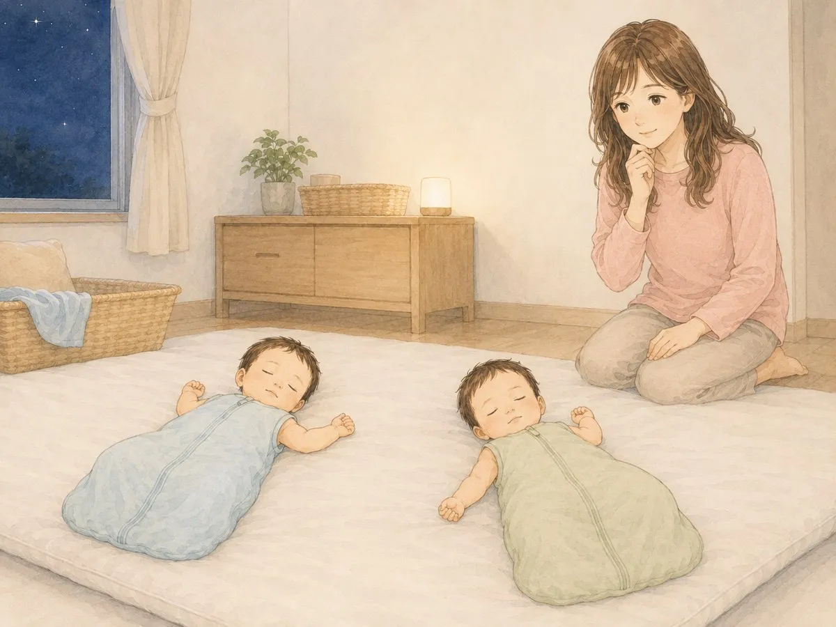 広めに整えた寝床で、スリーパーを着た双子が距離をとって安心して眠り、ママがそっと見守る水彩イラスト